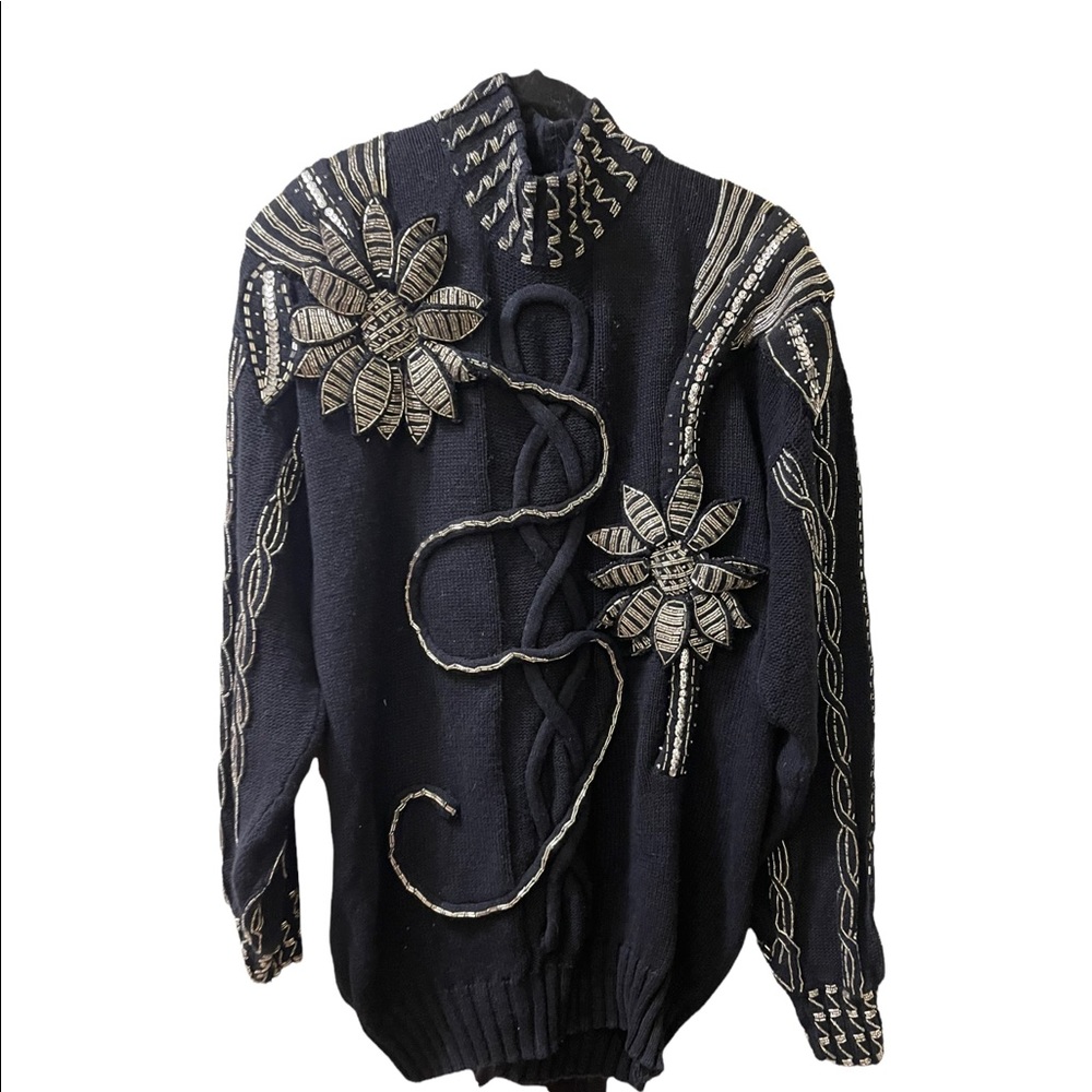 - Bonnie Boerer Vintage 1980s Black silver bead flower ornate design sweter